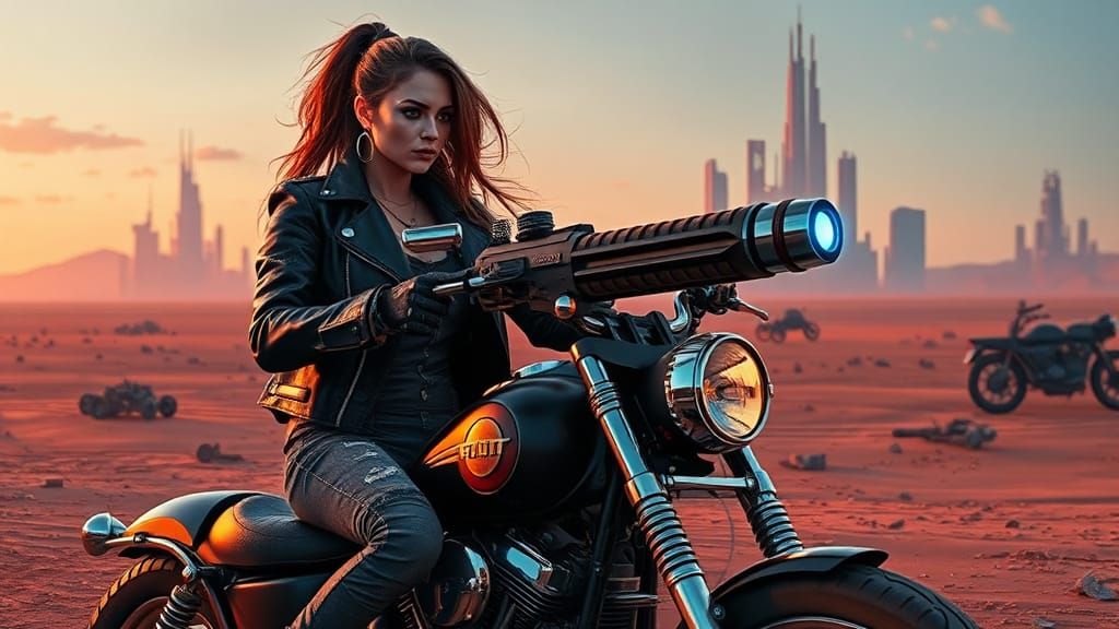biker chick, dystopian desert setting