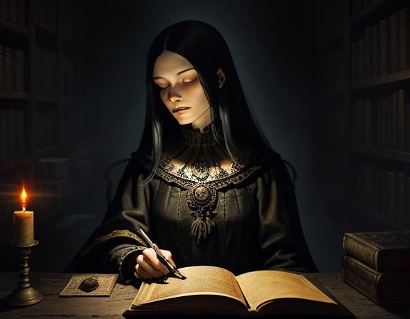 Gothic Woman in Dimly Lit Library