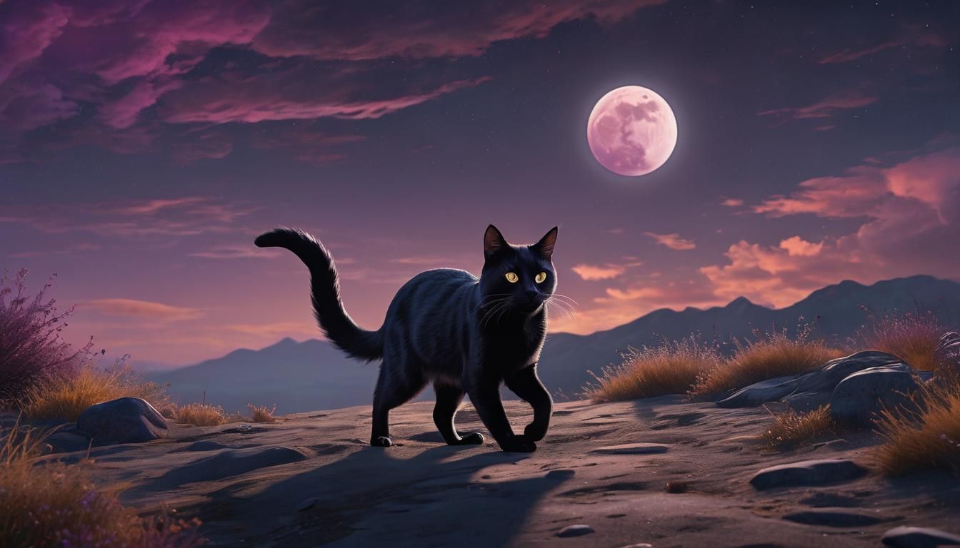 Black Cat in Moonlight: Hyperrealistic Digital Art