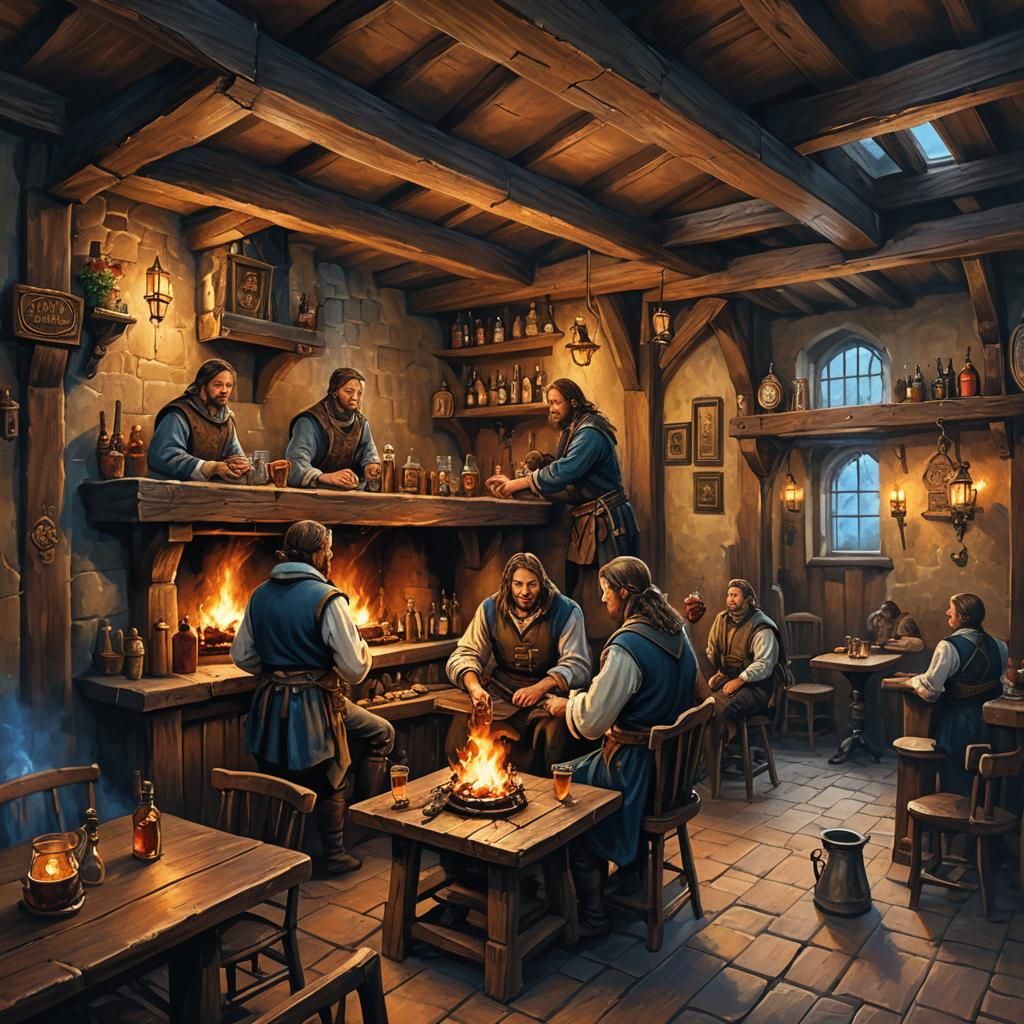 Medieval Pub Interior in Oil Painting Style