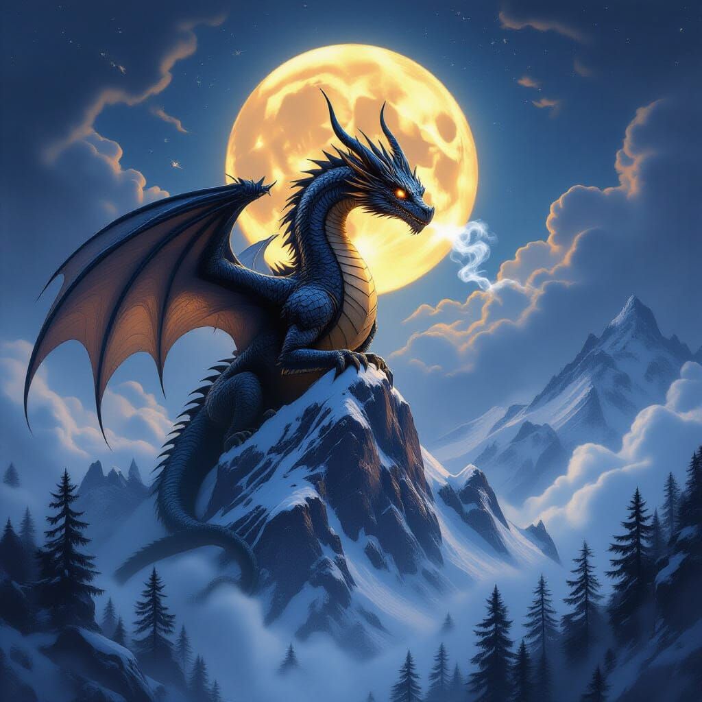 Ancient Dragon on Mountain Peak Under Twin Moons