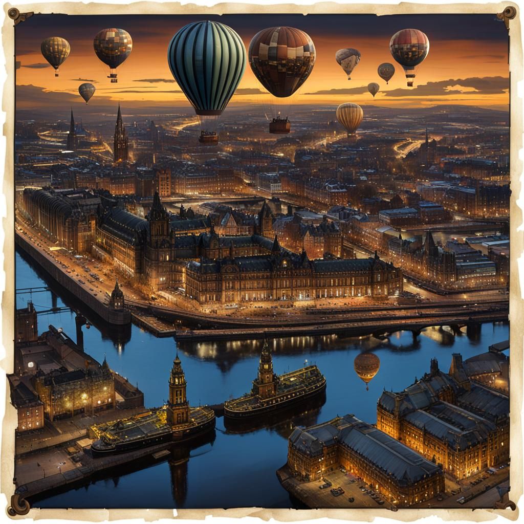 Steampunk Glasgow by Night with Airships