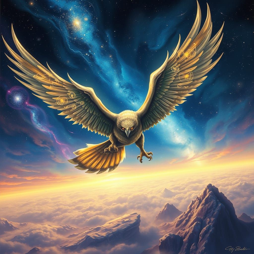 Majestic Griffin Soars Through Starlit Sky in Cosmic Style