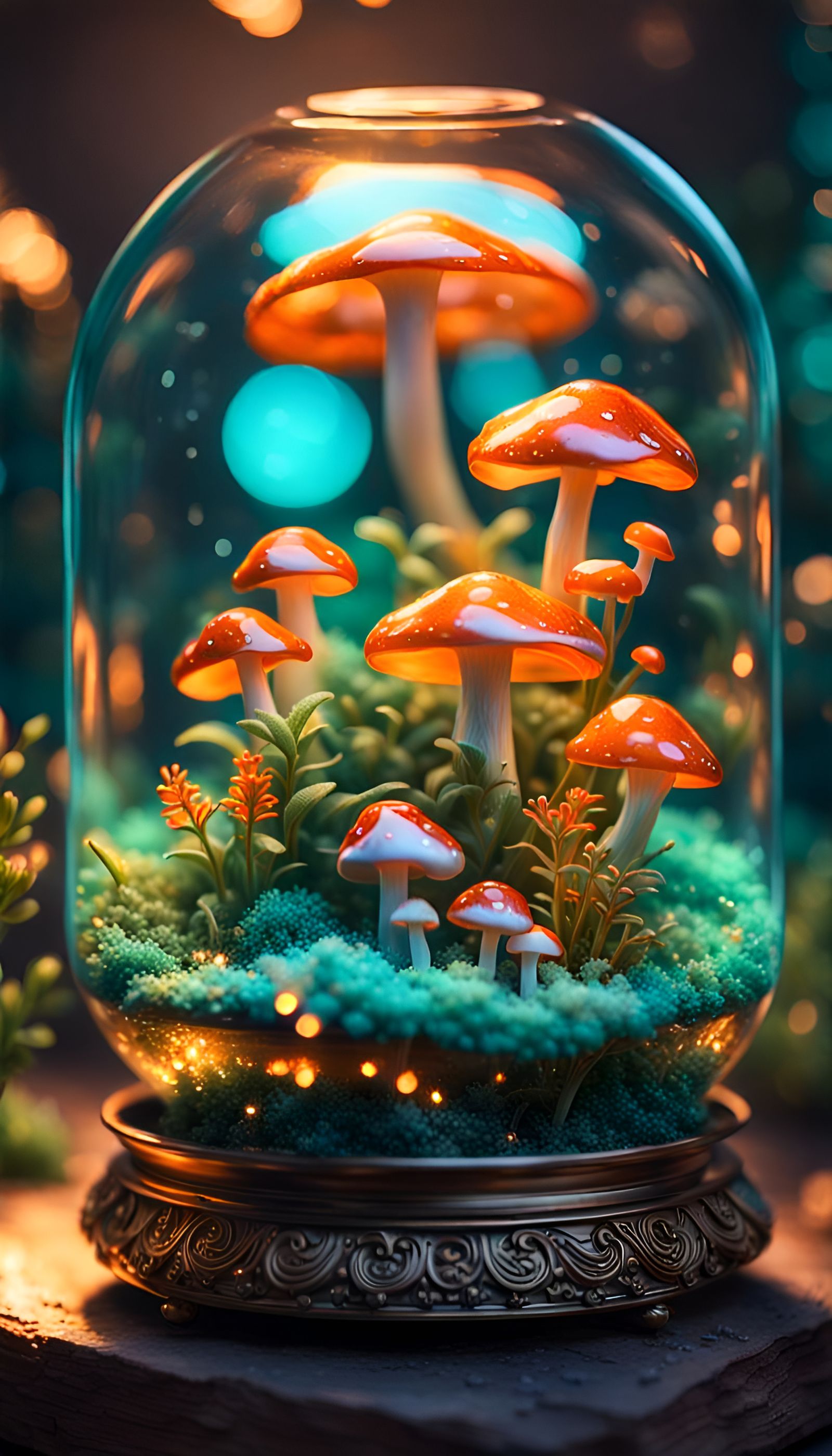 Glowing Flowers in Victorian Terrarium, Digital Art