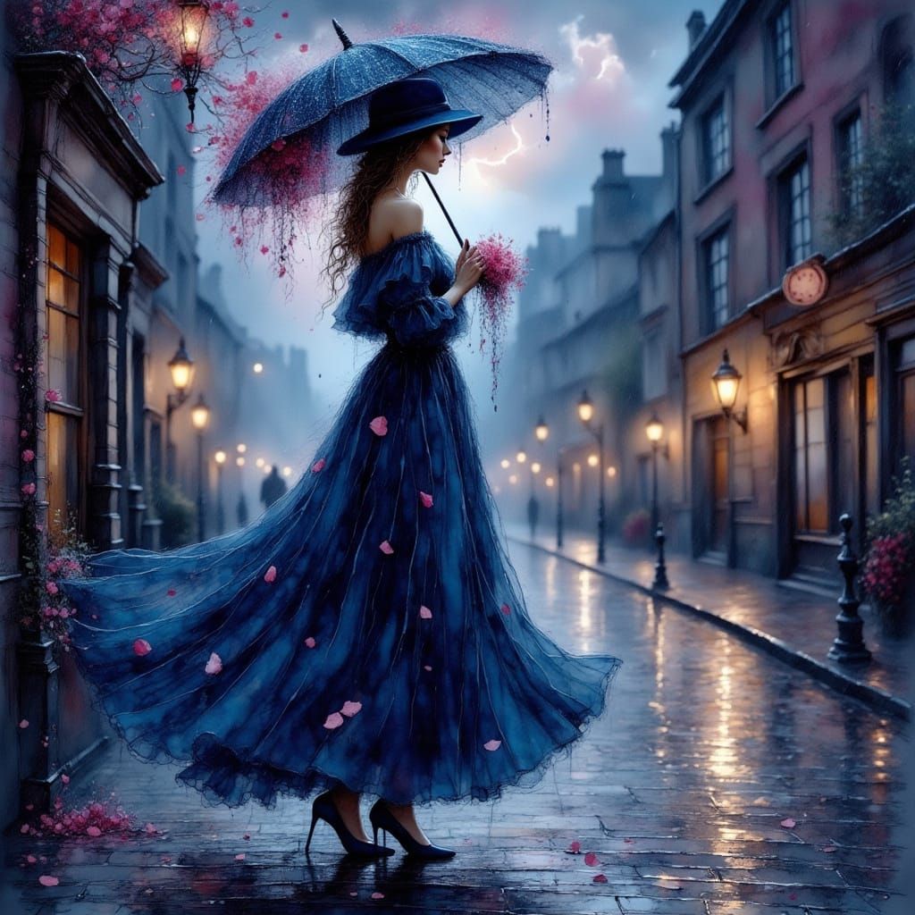 Elegant Woman in Rain, Neon Noir Style