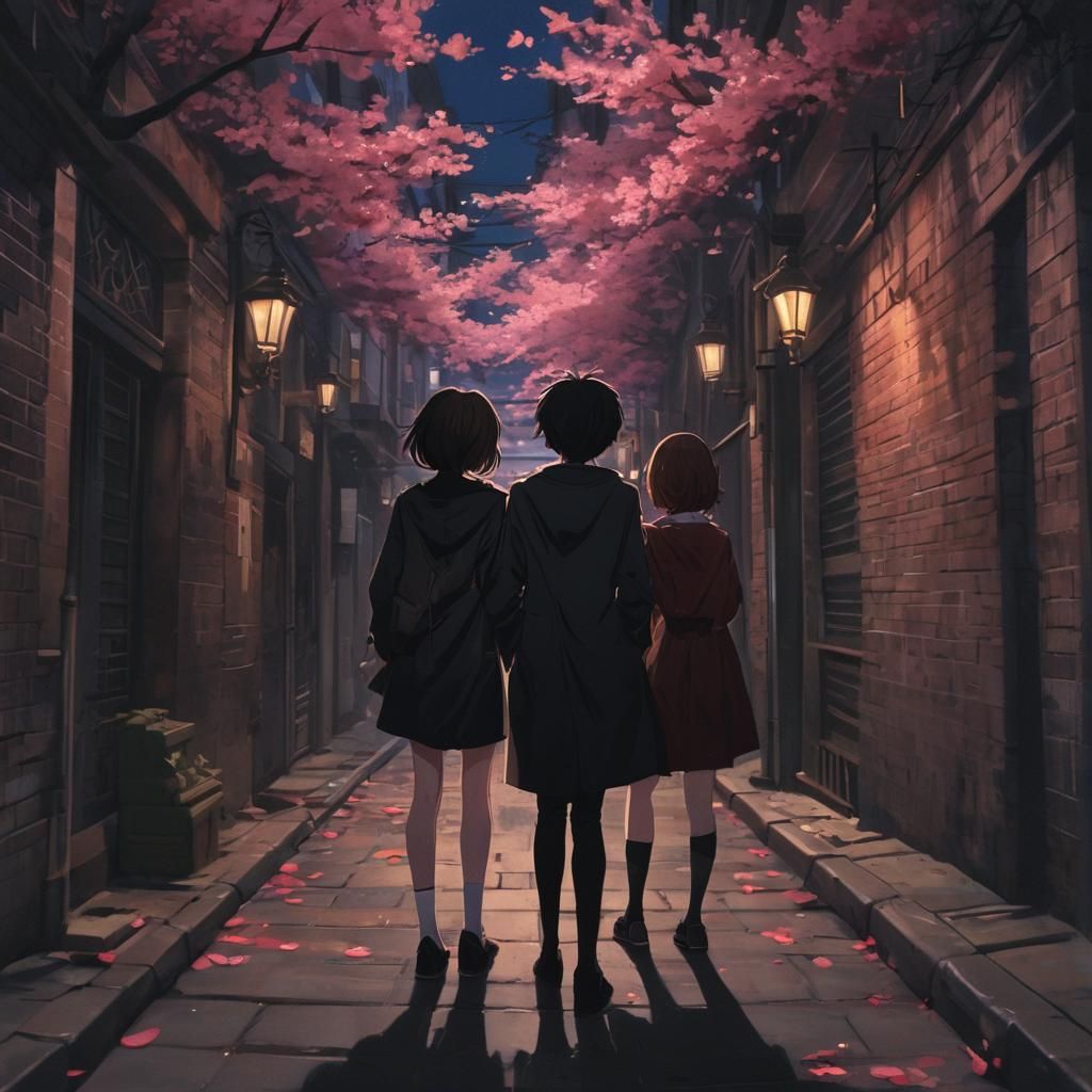 Anime Alleyway Scene with Cherry Blossoms