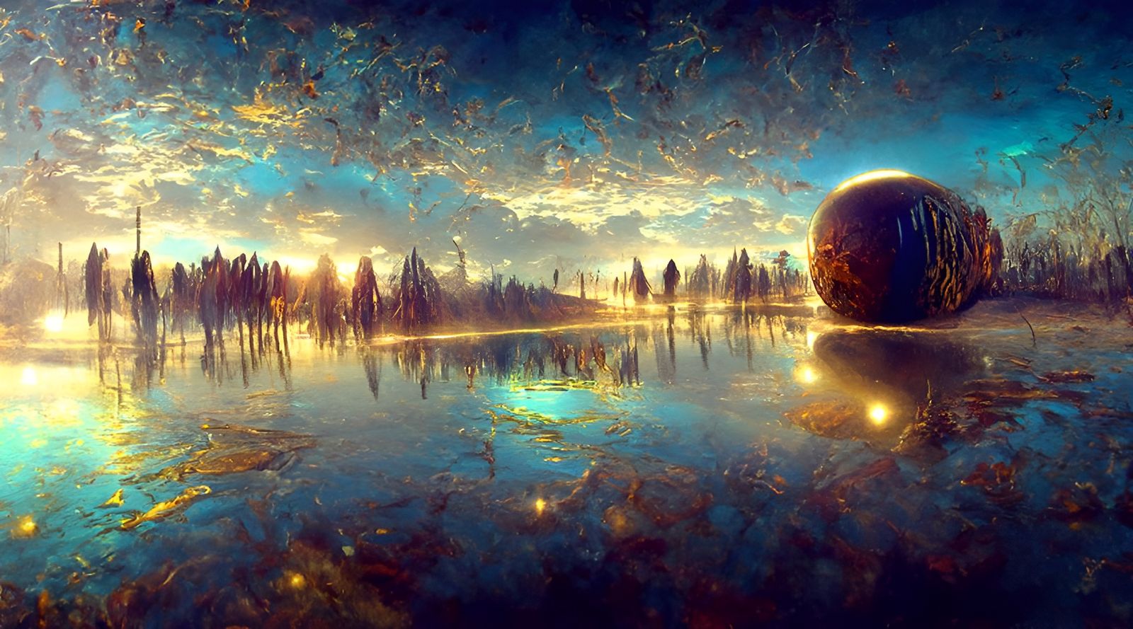 Ethereal Astral Lake at Dusk in Maximalist Style