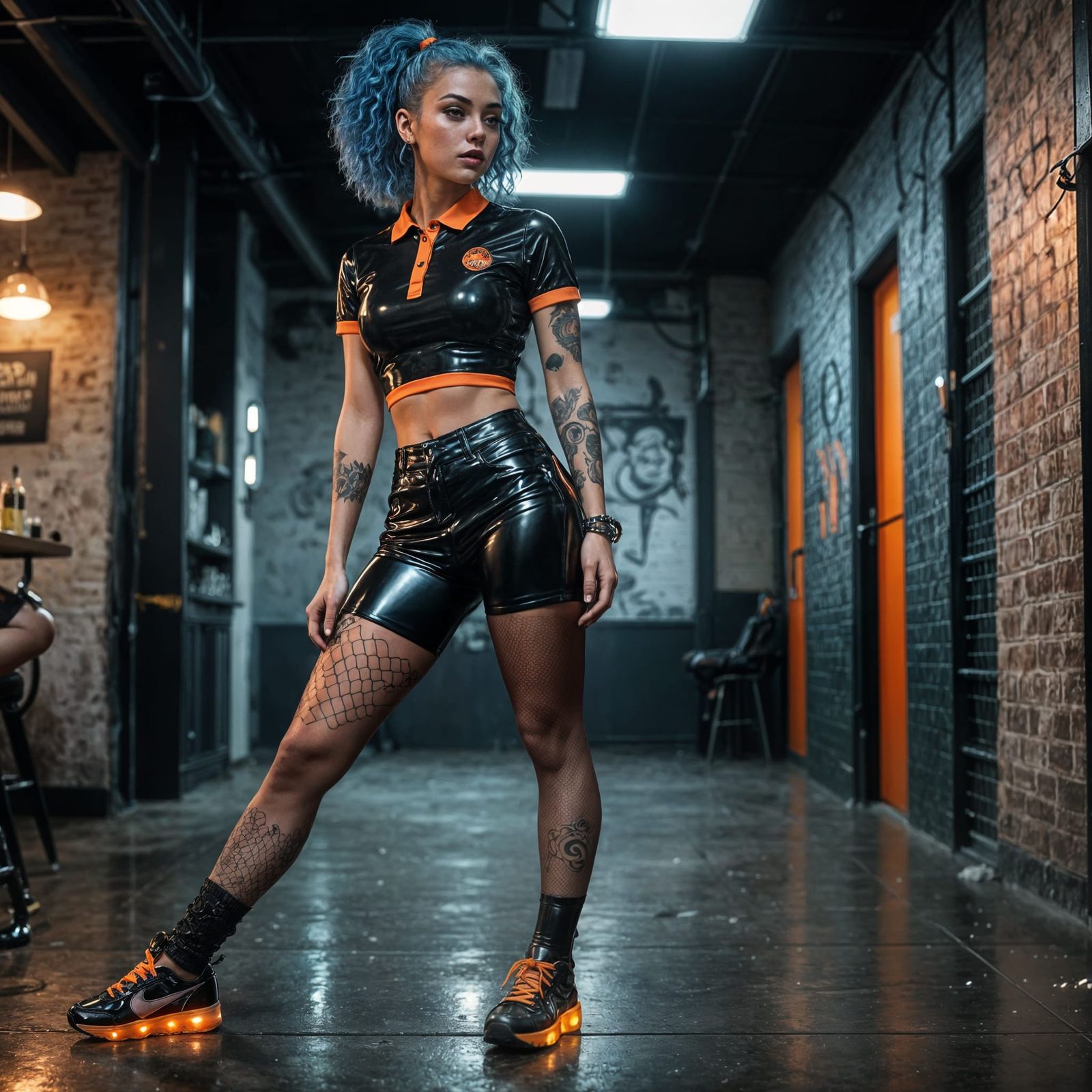 Alt Girl in Sporty Latex Outfit at Bar