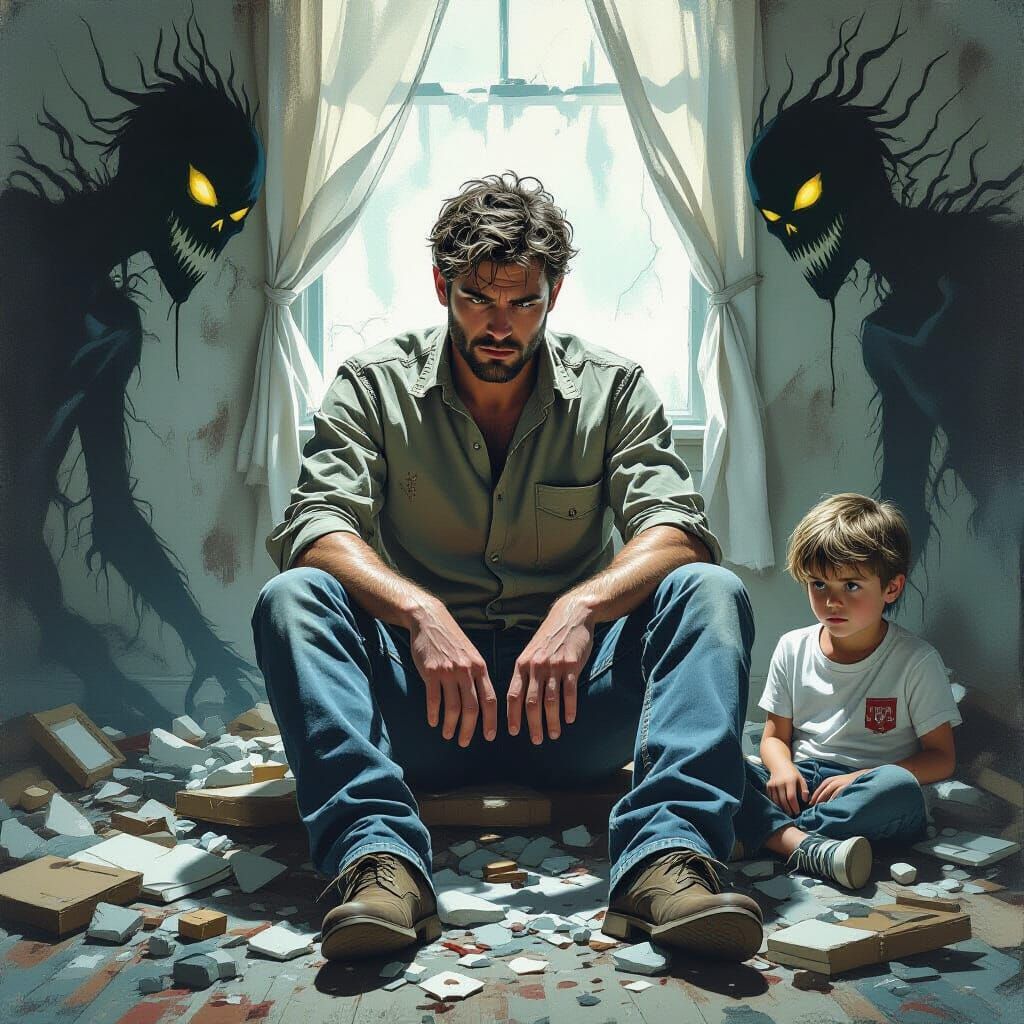 Grieving Father and Son in Dark, Shattered Home