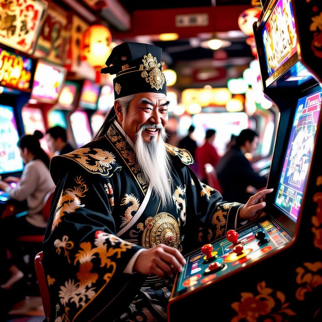 Cao Cao Plays Arcade Game in Ukiyo-e Lacquer Style