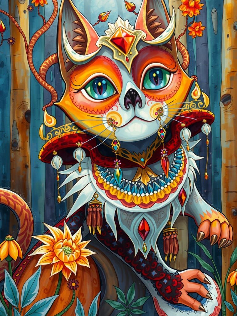 Elegant Long-Necked Cat in Mystical Forest