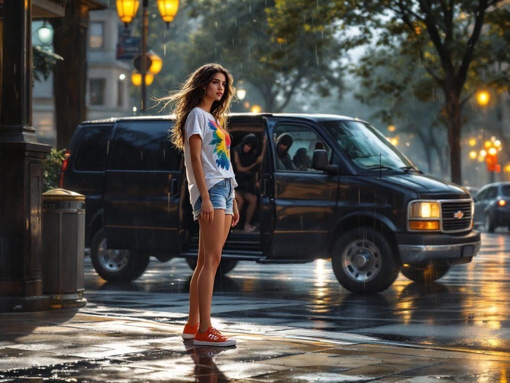 Street Corner Abduction in Romantic Realism Style