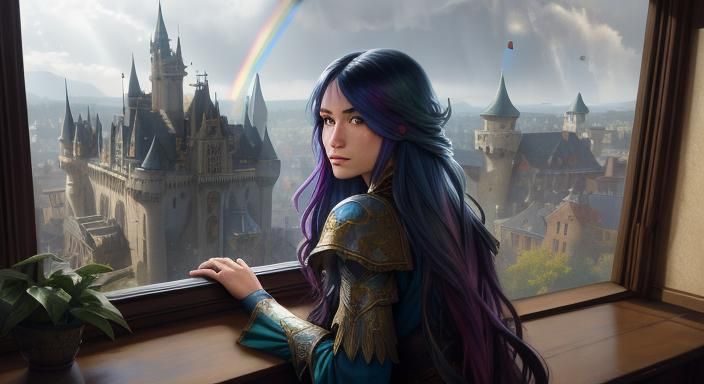 Dreamy Girl with Rainbow Hair, Hyperdetailed Portrait