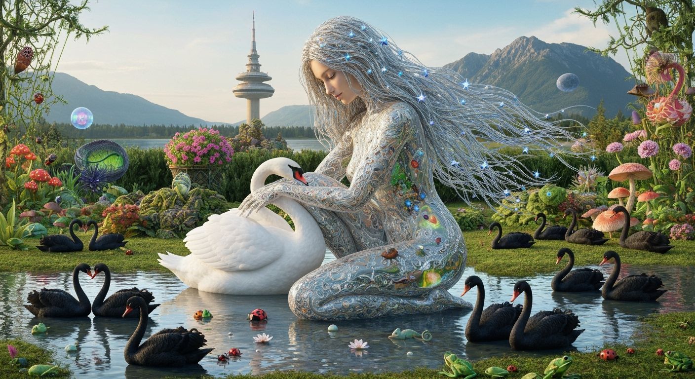 Cosmic Surrealism: Woman Embraces Swan in Bioluminescent Gar...