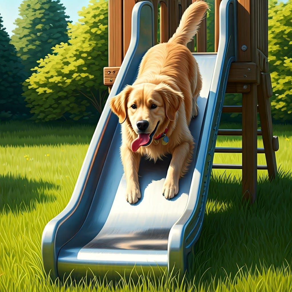 Golden Retriever's Joyful Slide: Whimsical Watercolor Illust...