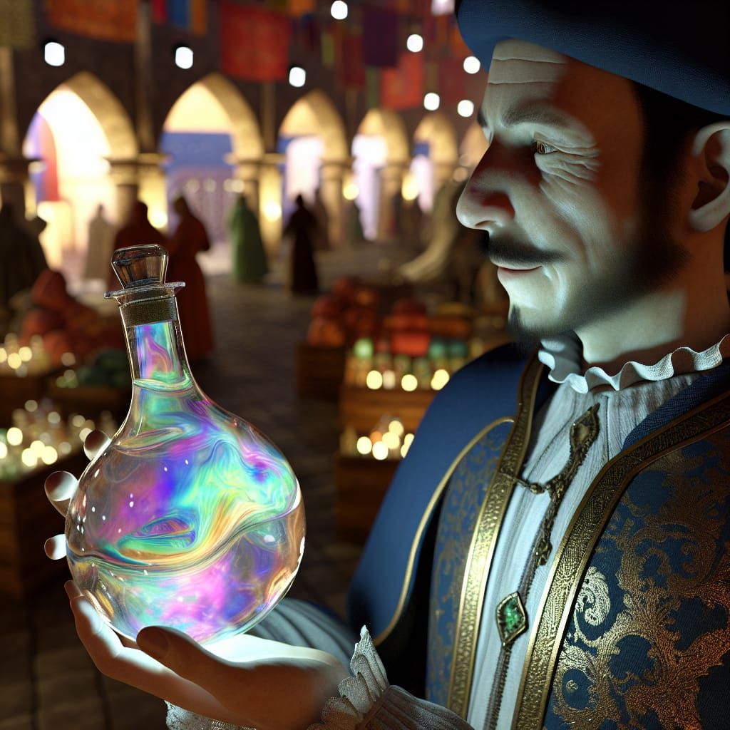 Renaissance Merchant Holding Opalescent Vial