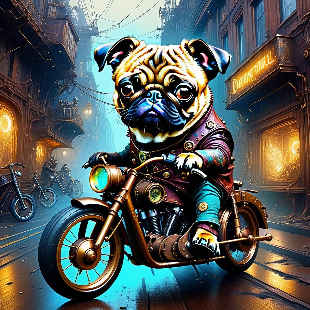 Steampunk Biker Pug Detailed Matte Painting