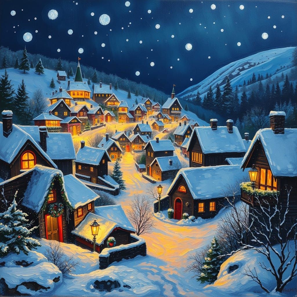 Surreal Village at Christmas Time in Vibrant Neo-Impressioni...