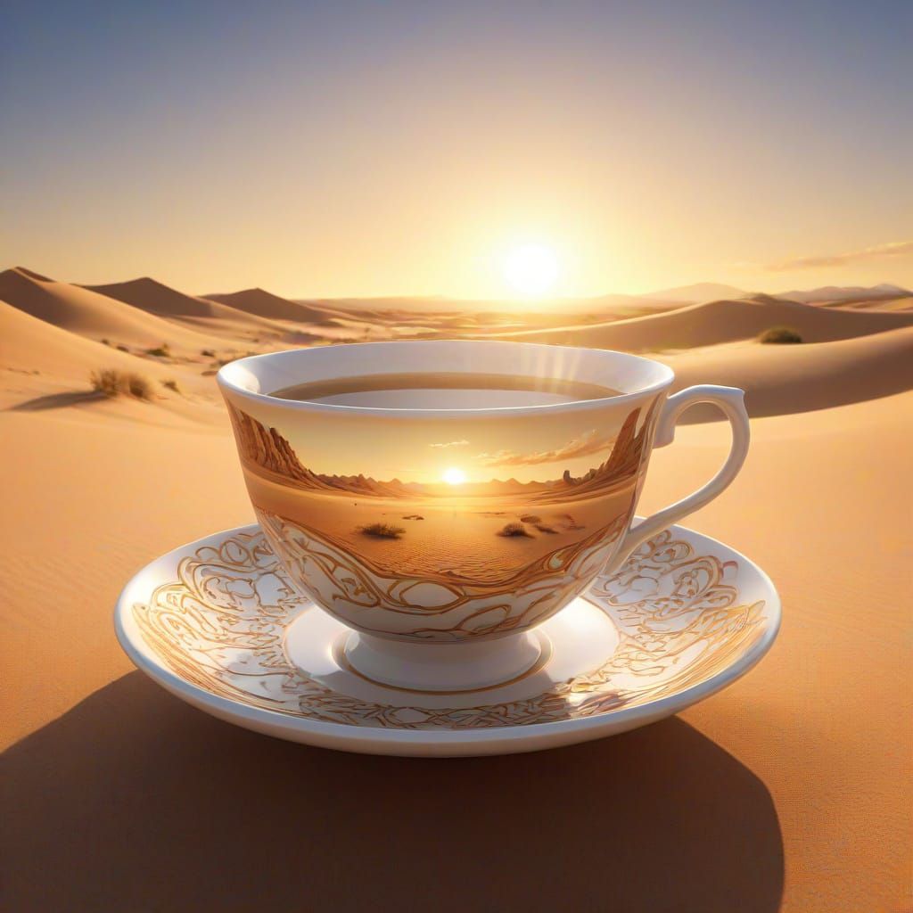 Giant Teacup in Vast Desert Landscape