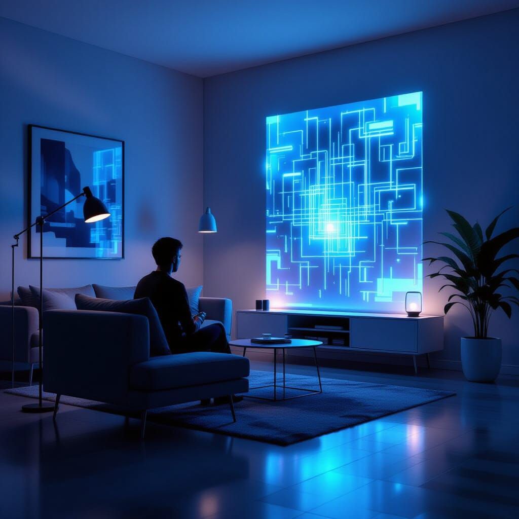 Solitary Figure in Ultra-Modern Apartment with Holographic D...