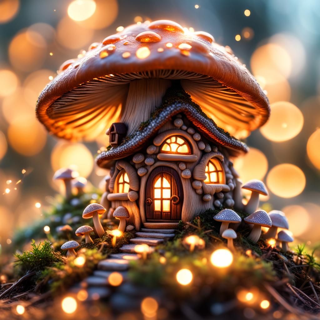 Sparkling Mushroom House in Macro, 8K