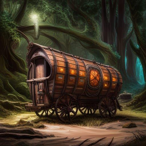 Ornate Vardo Wagon in Forest, Detailed Charcoal Drawing