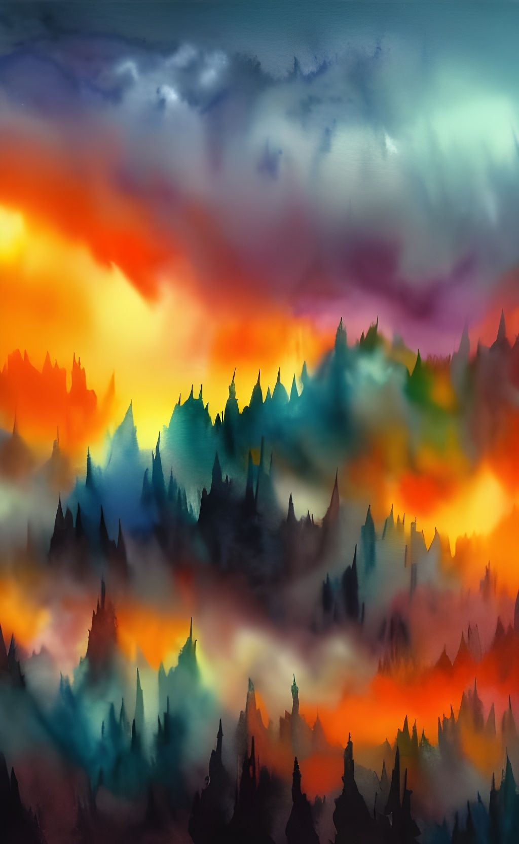 Cosmic Night: Foggy Mountains in Expressionist Style
