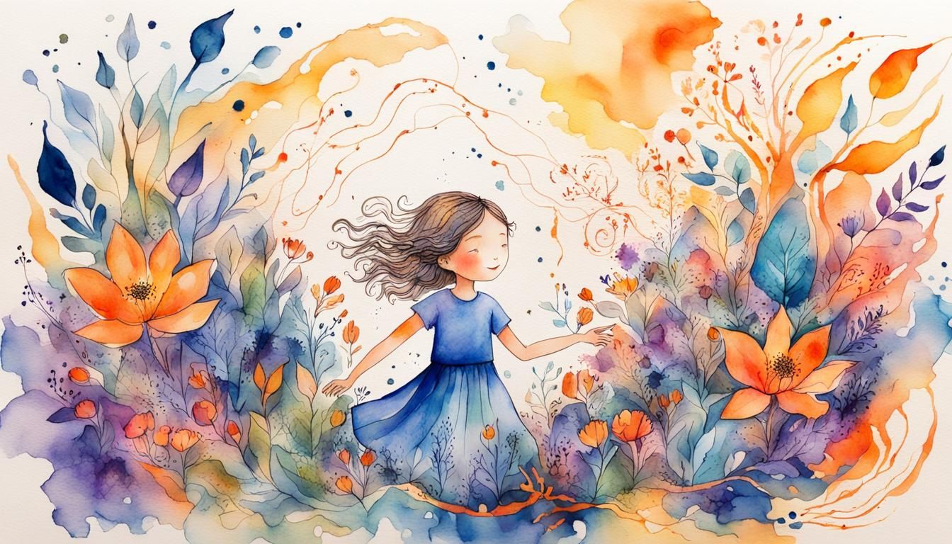 Girl with Earth Watercolor and Ink Illustration