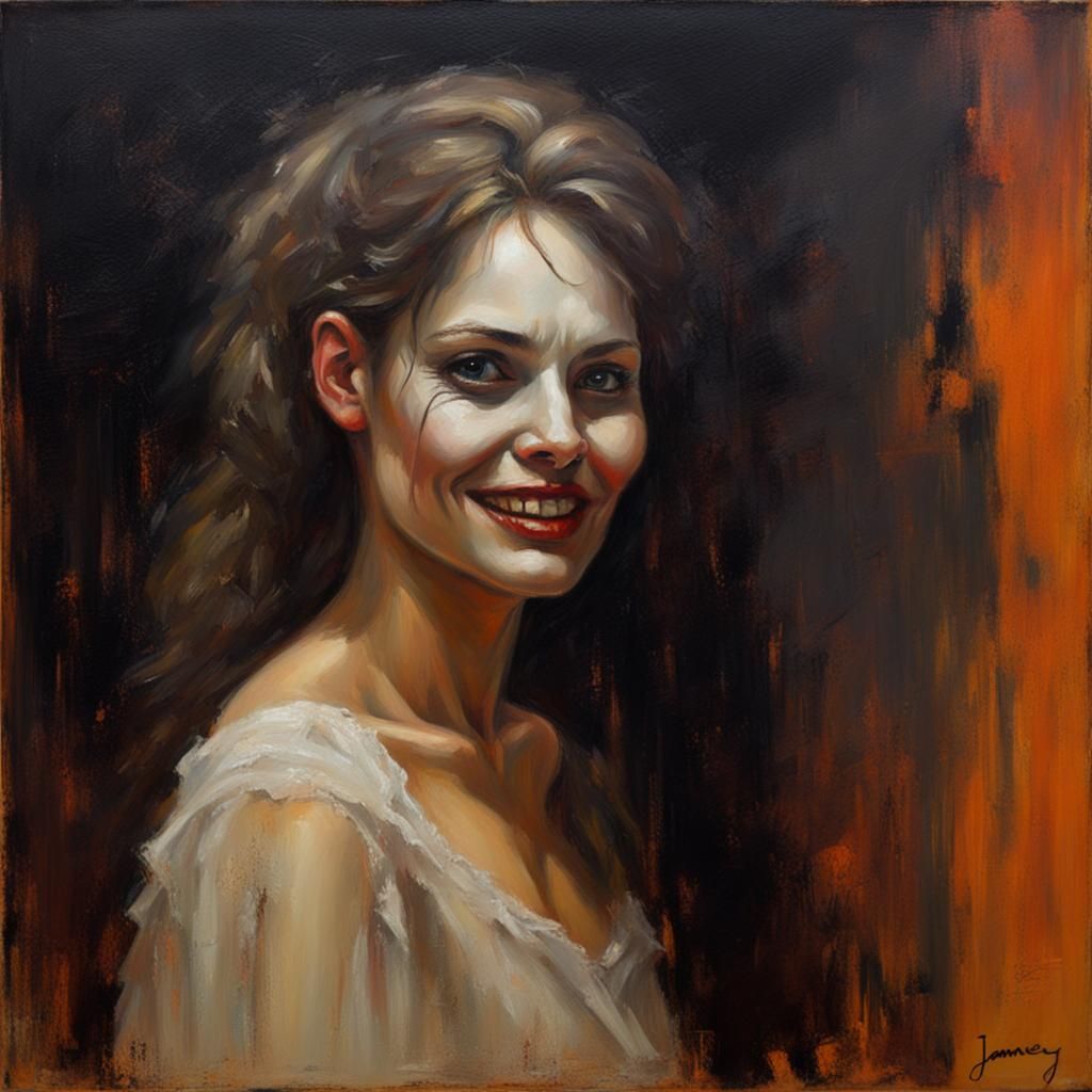 Halloween Woman's Enigmatic Smile in Oil Painting