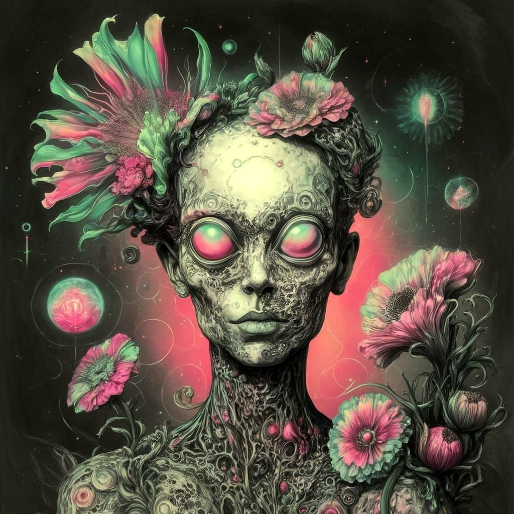 Surreal Holographic Alien Flowers in a Tim Burton-Inspired A...