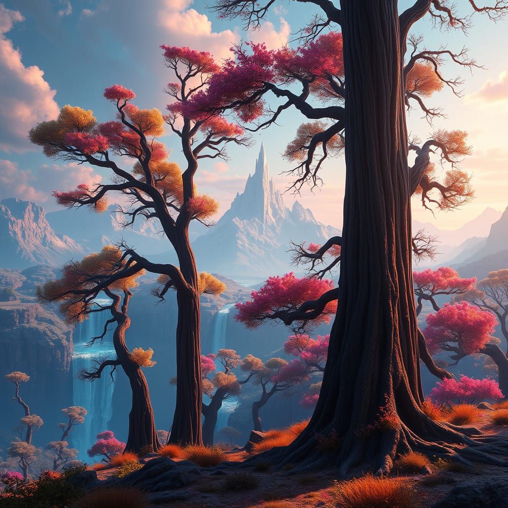 Dreamlike Futuristic Landscape with Ancient Trees and Irides...