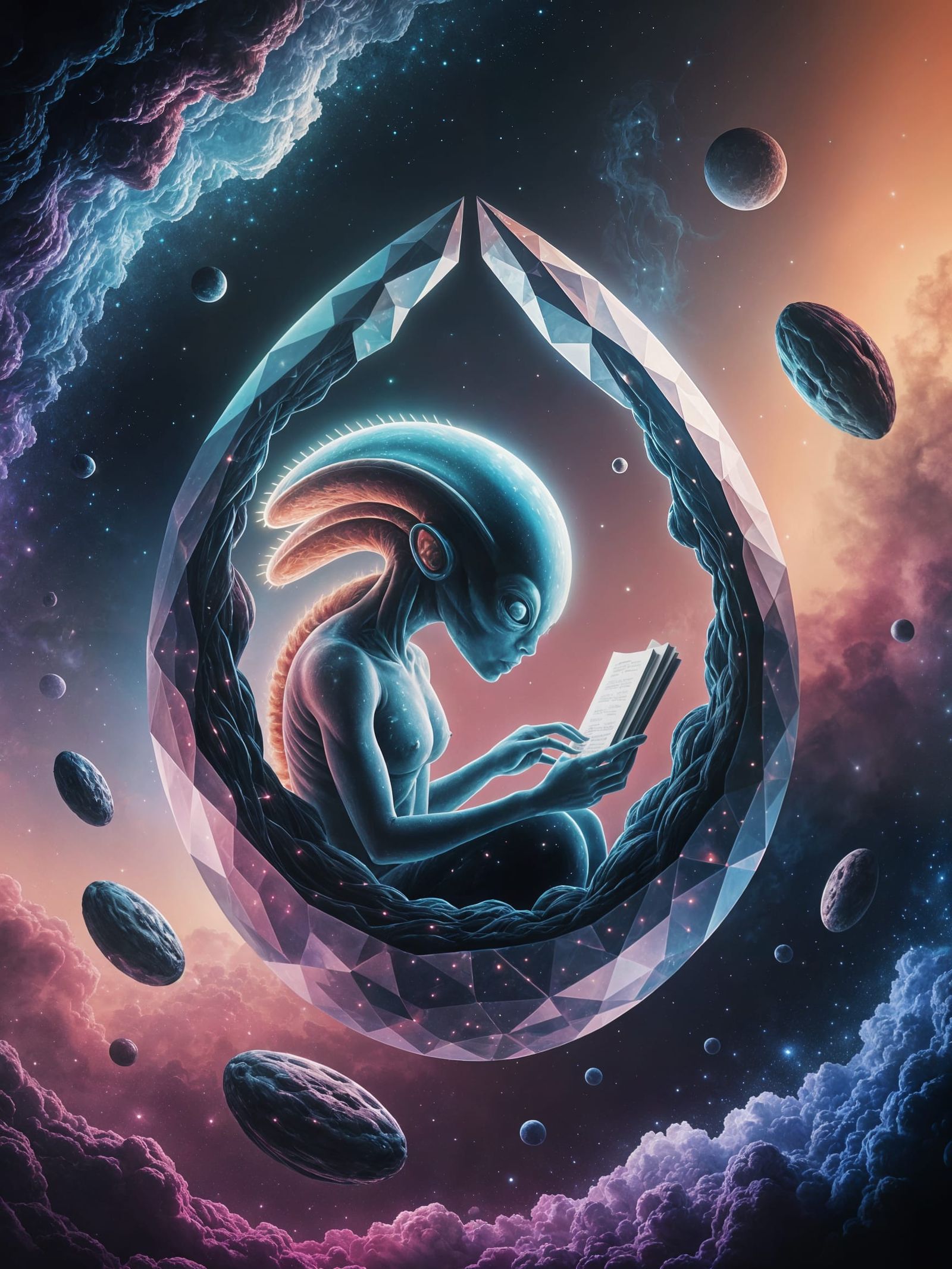 Bioluminescent Alien Reader in Nebula (Surrealism)