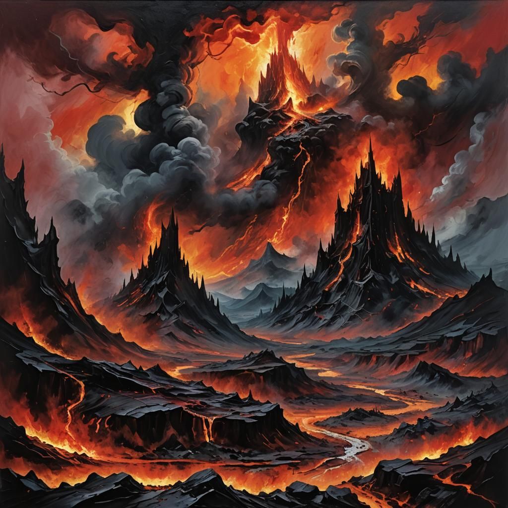 Fiery Mordor Landscape in Abstract Expressionist Style