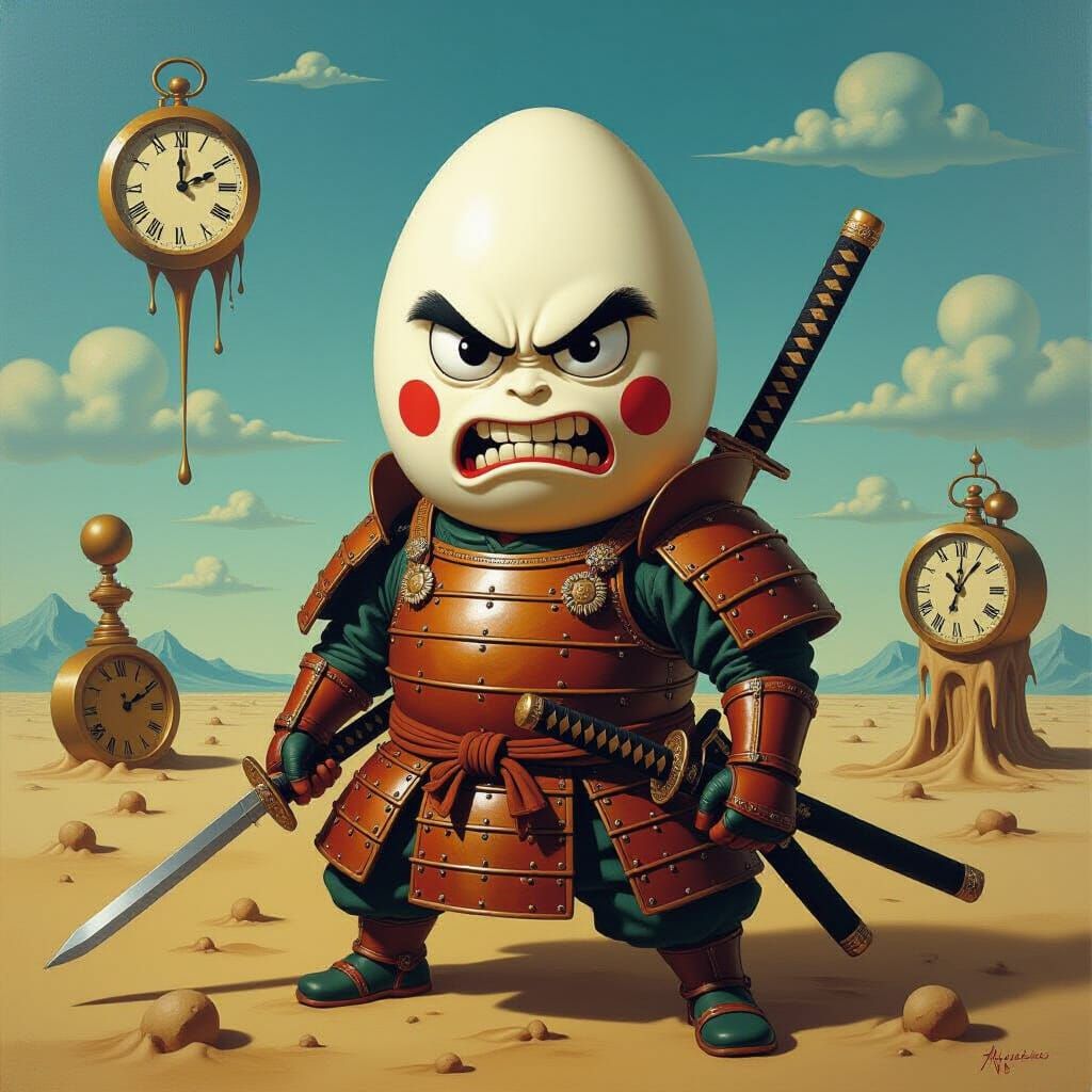 Surreal Egg Samurai Dreamscape, Oil on Canvas