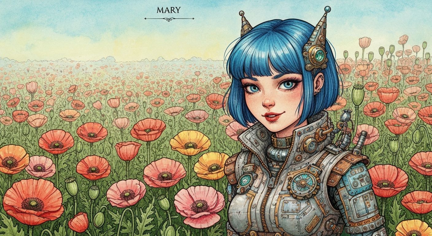 Cyberpunk Girl in Sienna Garden, Golden Age Illustration