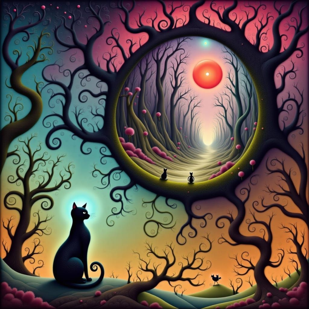 Black Cat Merges With Mystical Forest Under Full Moon