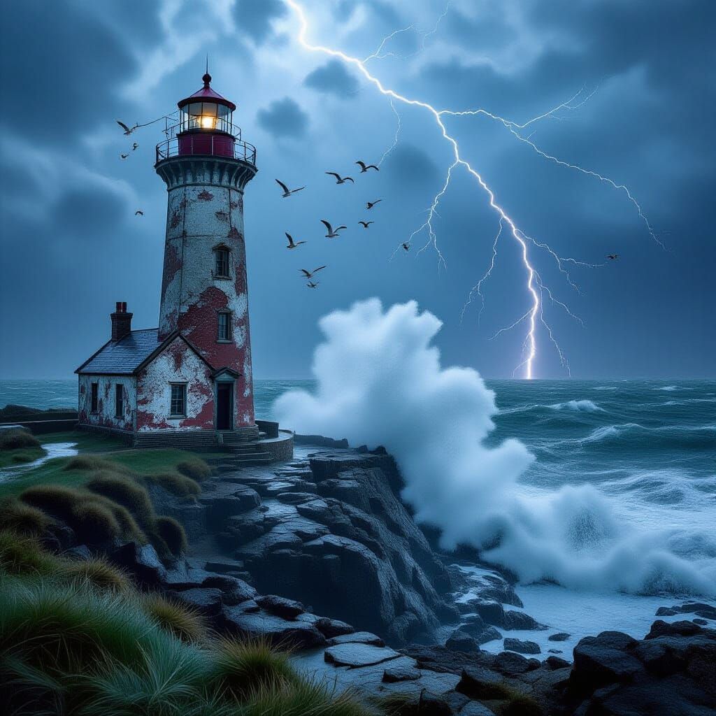 Abandoned Lighthouse in Violent Storm on Rocky Coast