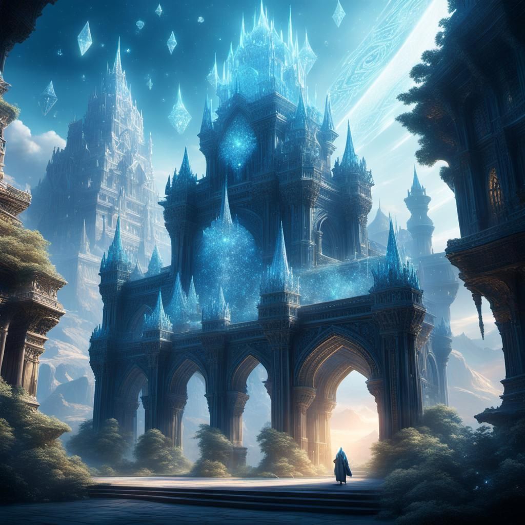 Crystalline Citadel in Sky: Hyper-Realistic Digital Art