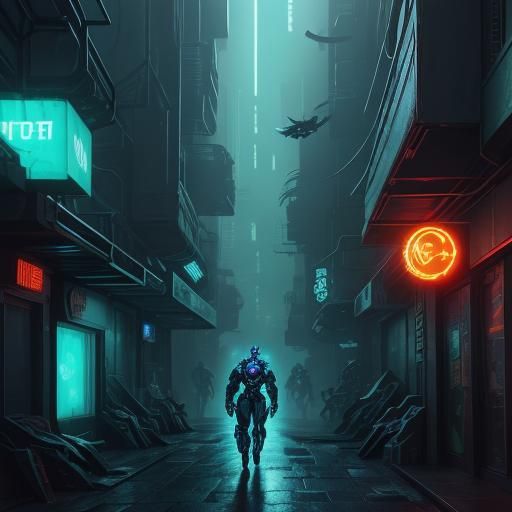 Mecha Tiger vs Velociraptor in Cyberpunk Cityscape