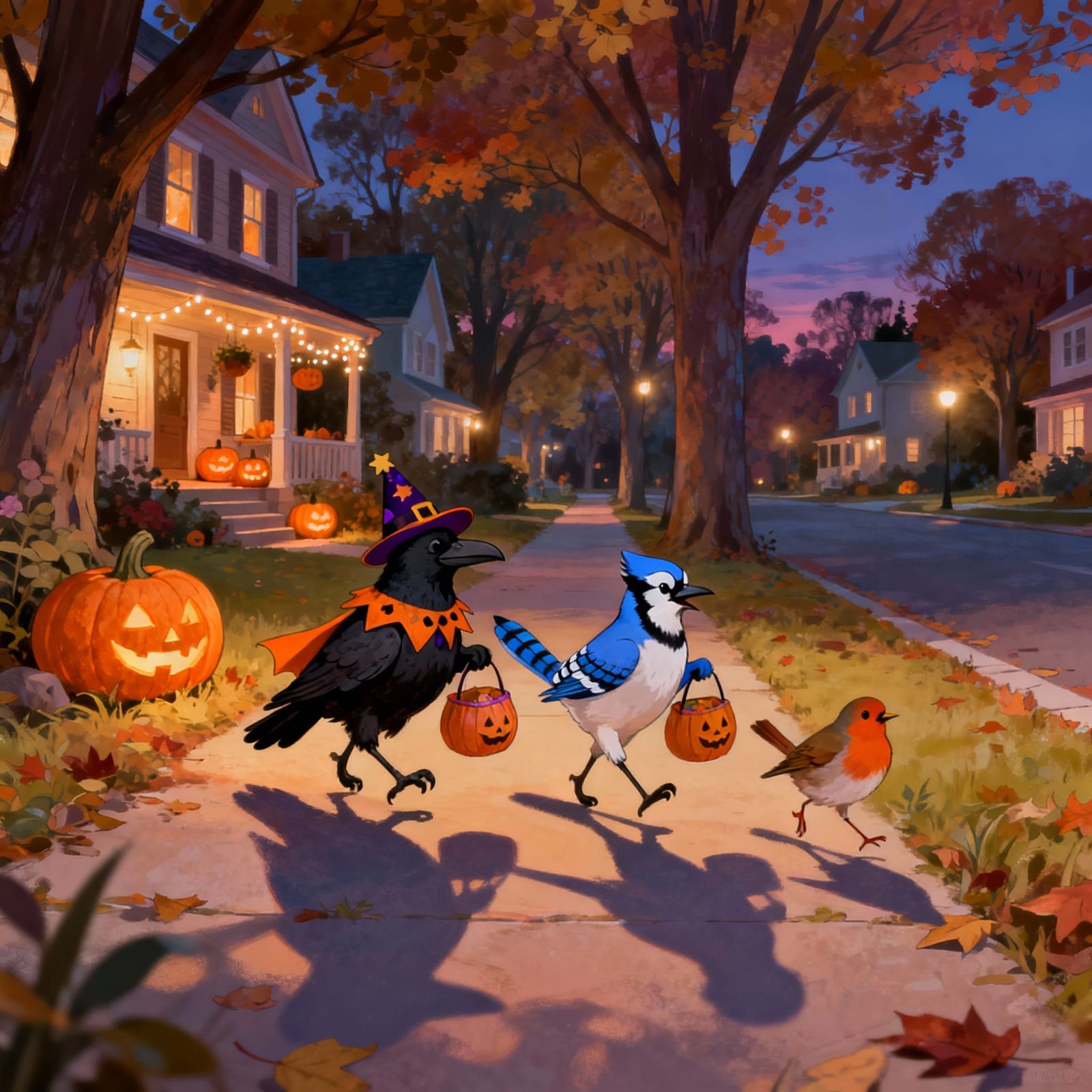 Crow, Blue Jay, and Robin Trick-or-Treating at Twilight