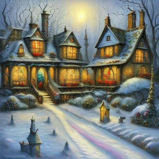 Whimsical Fantasy Houses in Gentle Snowfall