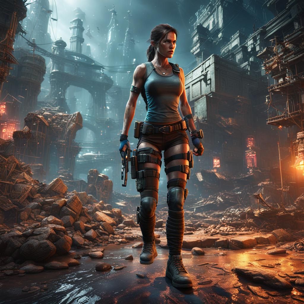 Cyberpunk Lara Croft in Detailed Matte Painting