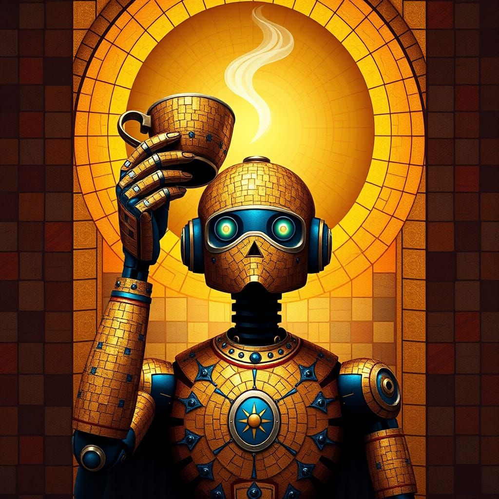 Sacred Robot Holding Coffee Chalice in Mosaic Style