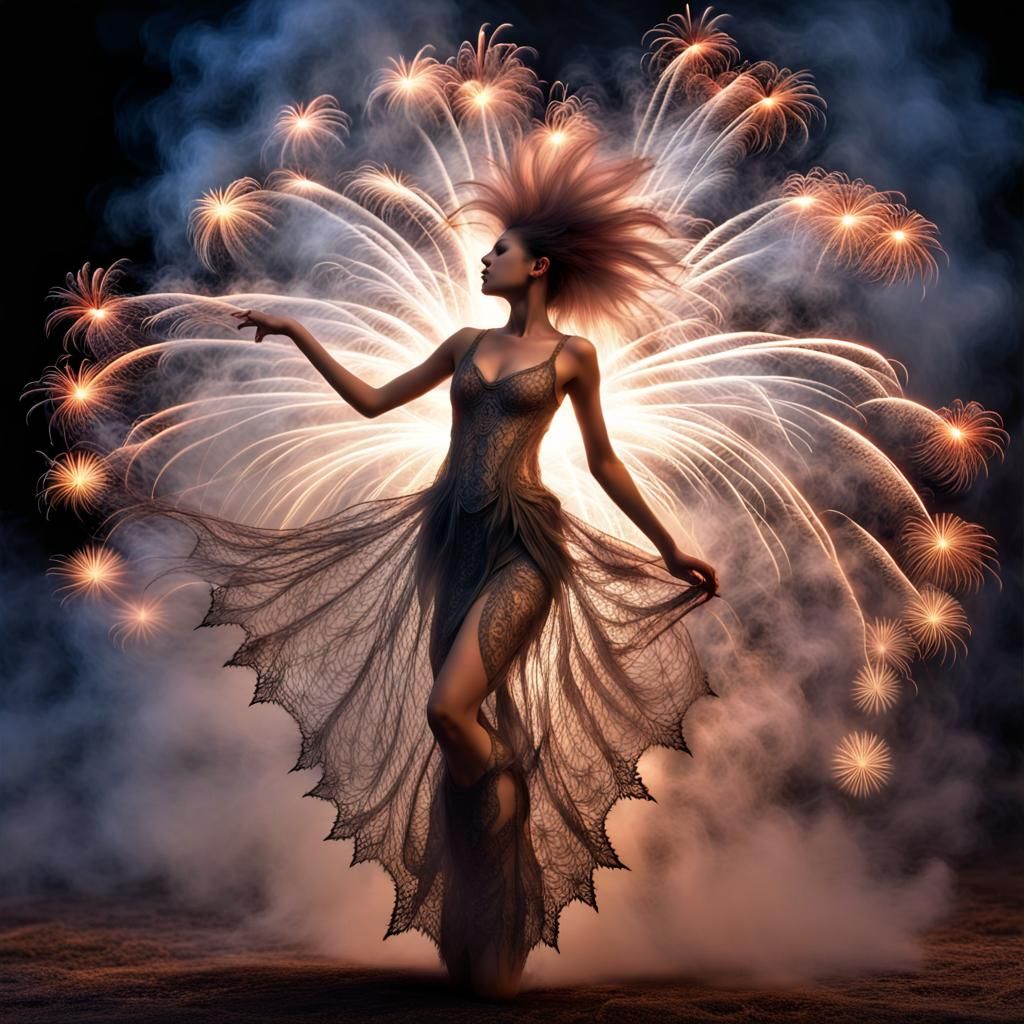 Fireworks Fairy Wiccan Bonfire Dance in Fantasy Forest