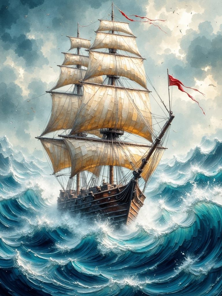 Majestic Sailing Ship in Turbulent Stormy Seas Watercolor