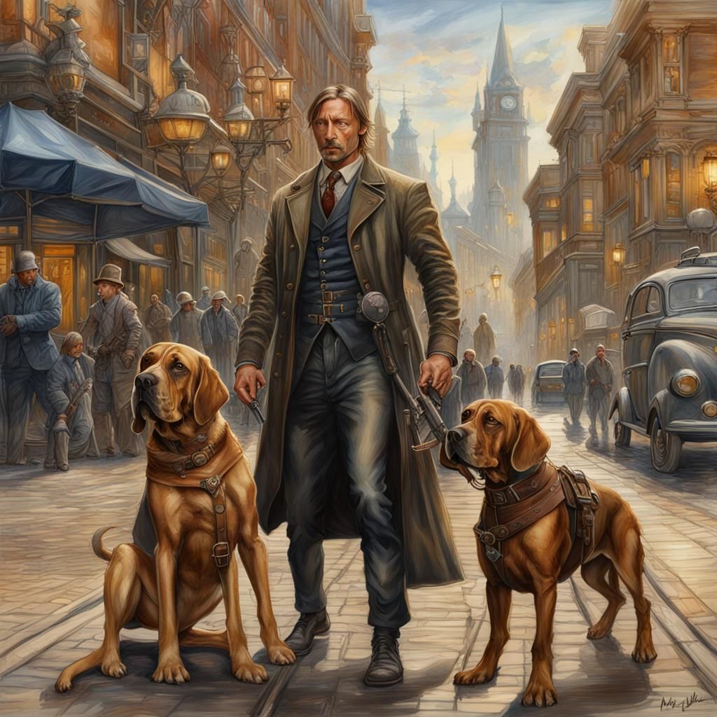 Steampunk Detective and Bloodhound, Octane Render