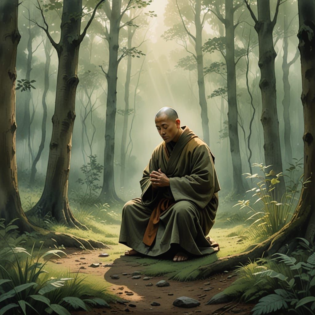 Serene Monk in a Misty Forest Glade