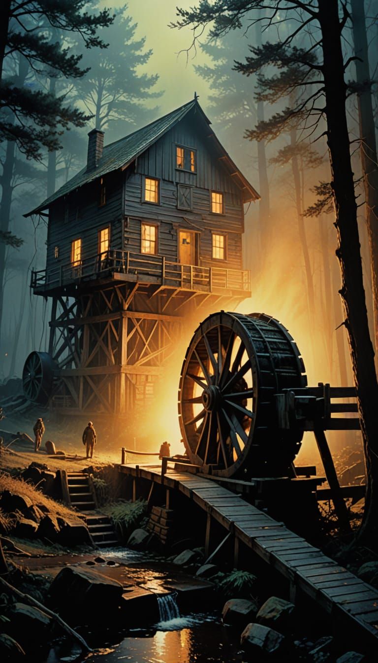 Rustic Waterwheel Ambush in the Woods