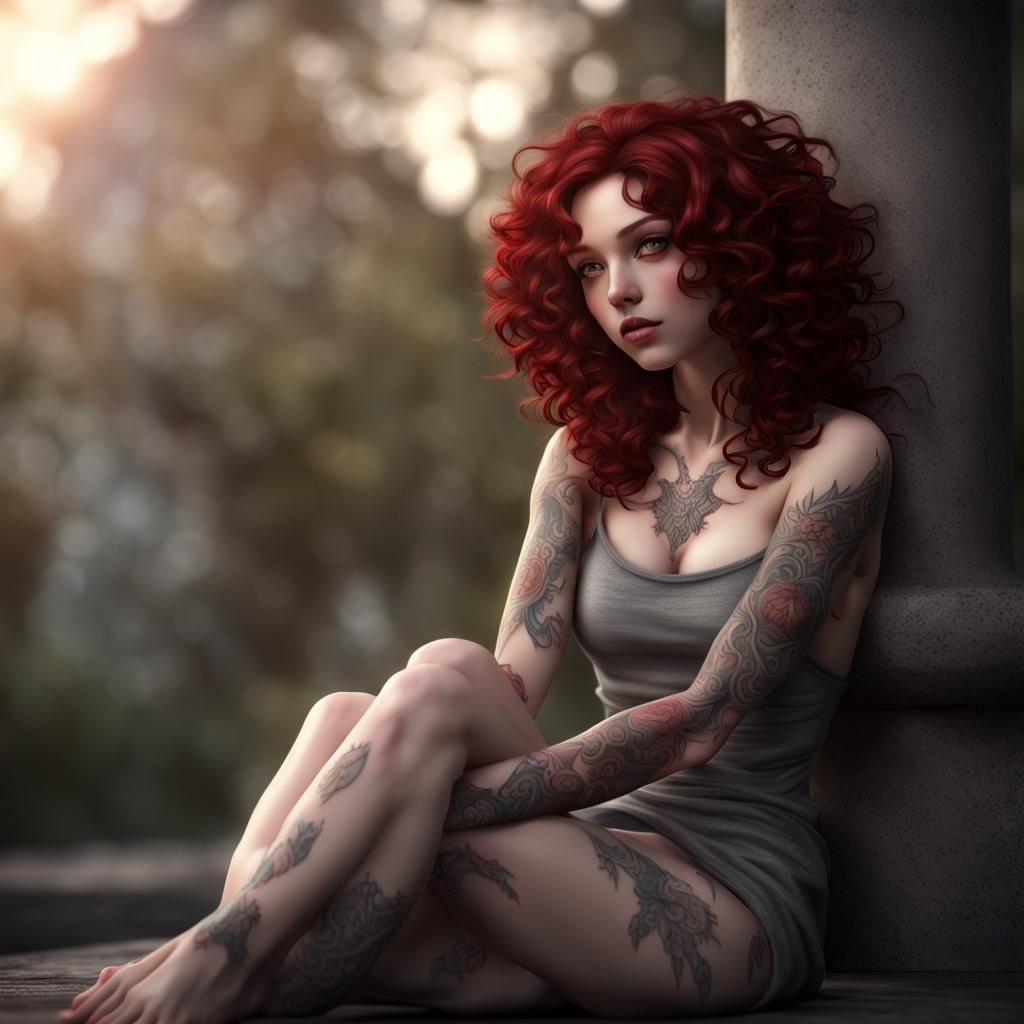 Relaxing Tattooed Girl with Red Hair in Anime Style