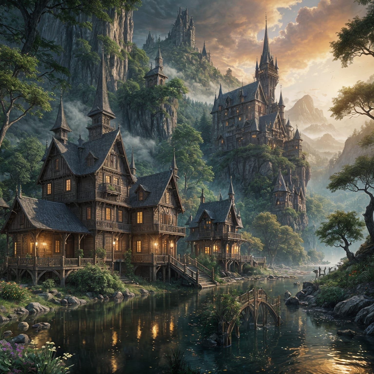 Serene Gothic Village Concept Art with Castle